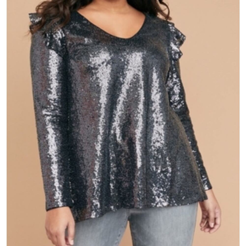Lane Bryant Metallic Sequin Cold Shoulder Top Size 28 NWT Silver Party Blouse